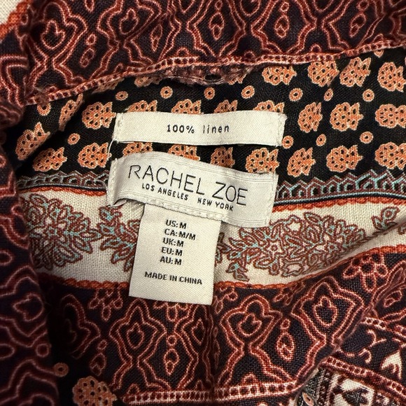 Rachel Zoe Medium 100% Linen Boho Aztec Short Sleeve Button Up Blouse Indie Top - Picture 9 of 9